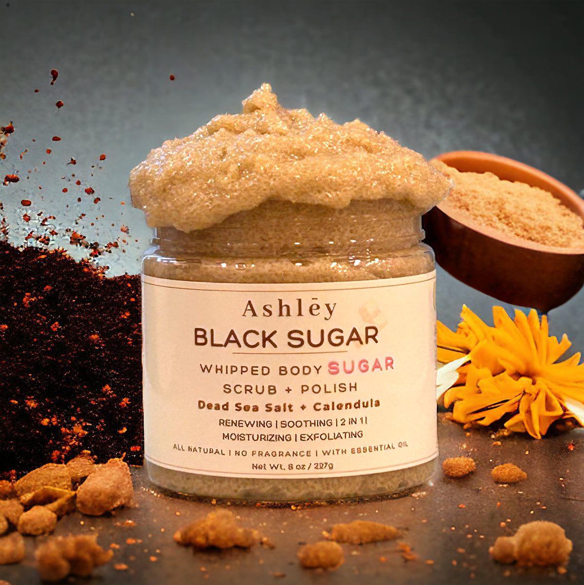 Ashley Brown Sugar Scrub | 227g | Facial Body Exfoliating | Bath Salt | Acne prevention | Calendula | Scar Reduction |EO